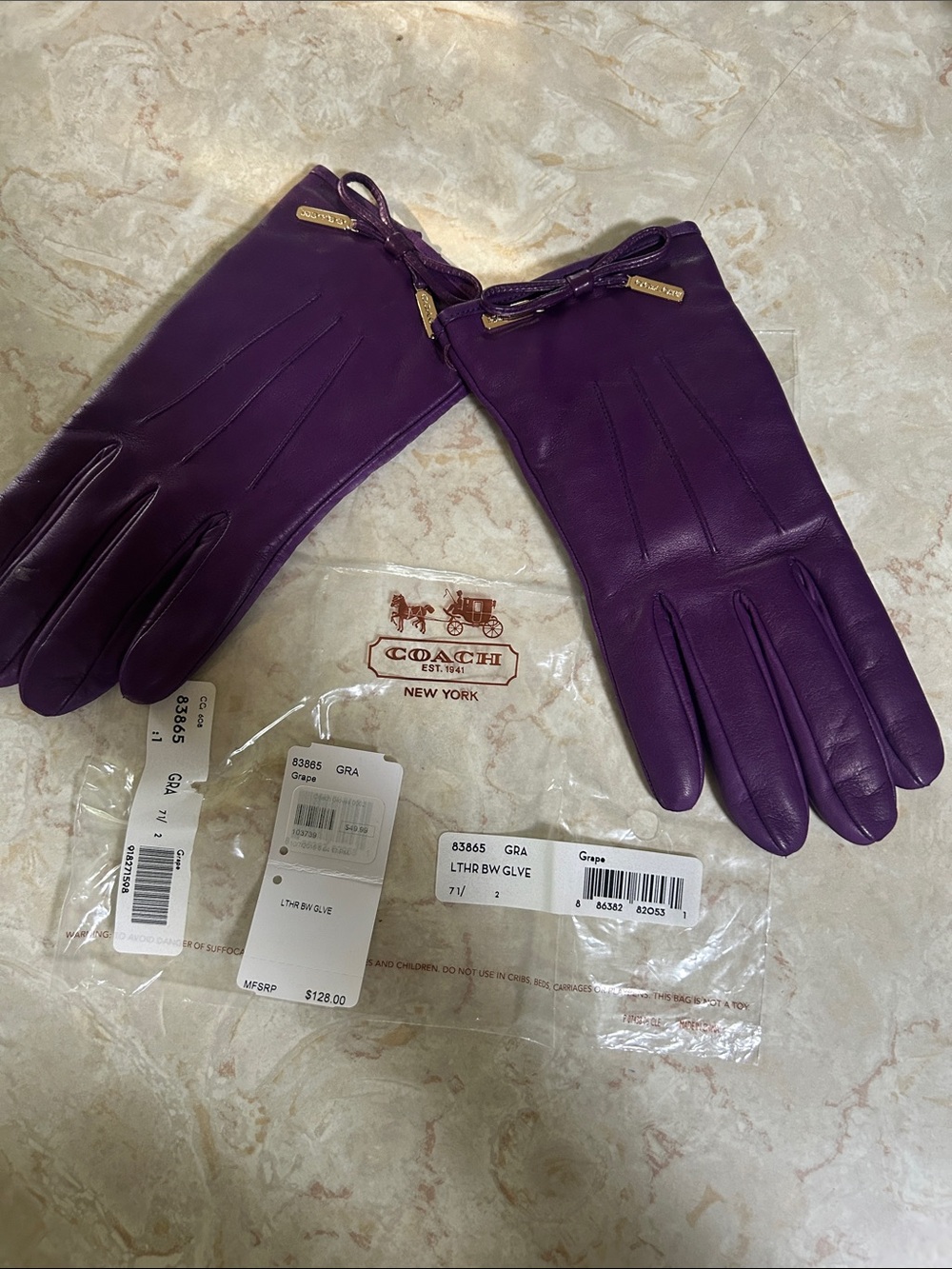 Coach Purple Leather Bow-Trim Gloves with Gold-Tone Tags